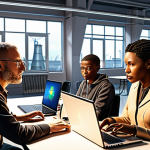 Job Displacement and Retraining**

*Prompt:* A diverse group of adults attending a modern job retraining workshop. Some are using laptops, others are participating in group discussions. The background shows futuristic factories with automated robots alongside wind turbines, emphasizing the shift to new energy and automated industries. Focus on hope and opportunity, overcoming job displacement. Style: realistic, warm lighting.

**