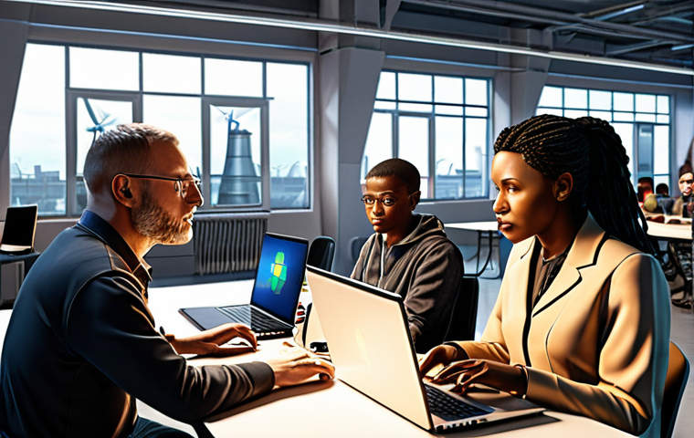 Job Displacement and Retraining**
*Prompt:* A diverse group of adults attending a modern job retraining workshop. Some are using laptops, others are participating in group discussions. The background shows futuristic factories with automated robots alongside wind turbines, emphasizing the shift to new energy and automated industries. Focus on hope and opportunity, overcoming job displacement. Style: realistic, warm lighting.
**