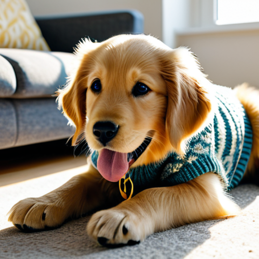 A Happy Dog in a Home Environment**
"A golden retriever puppy playing with a chew toy in a bright, modern living room. The dog is fully clothed (with a cute dog sweater). Sunlight streams through a window. Toys are scattered around. safe for work, appropriate content, family-friendly, perfect anatomy, correct proportions, natural pose, well-formed paws."
**