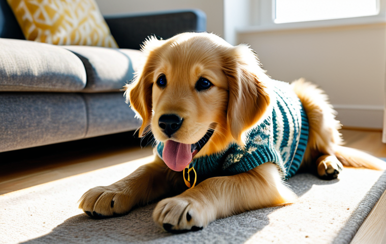 A Happy Dog in a Home Environment**
"A golden retriever puppy playing with a chew toy in a bright, modern living room. The dog is fully clothed (with a cute dog sweater). Sunlight streams through a window. Toys are scattered around. safe for work, appropriate content, family-friendly, perfect anatomy, correct proportions, natural pose, well-formed paws."
**