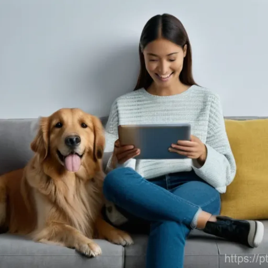 비인간 생명체와의 관계 재설정을 위한 커뮤니케이션 방법 - **AI-Enhanced Pet Understanding:** A cozy, modern living room scene. A young woman with shoulder-len...