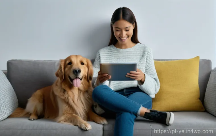 비인간 생명체와의 관계 재설정을 위한 커뮤니케이션 방법 - **AI-Enhanced Pet Understanding:** A cozy, modern living room scene. A young woman with shoulder-len...