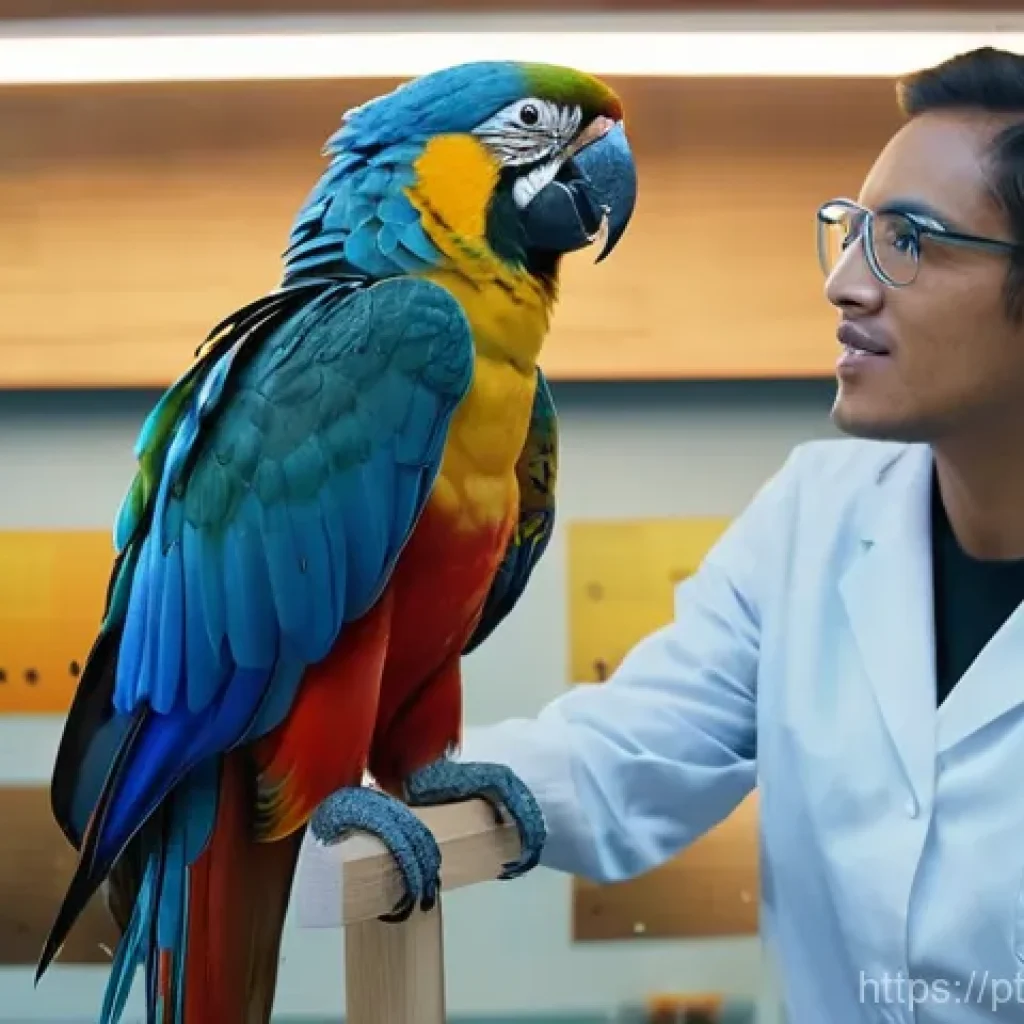 비인간 생명체의 감정 인식 방법과 연구 - **Prompt:** "A close-up, dynamic shot of a brilliant macaw parrot perched on a wooden stand inside a...