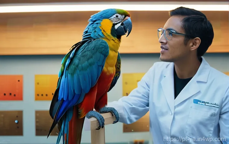 비인간 생명체의 감정 인식 방법과 연구 - **Prompt:** "A close-up, dynamic shot of a brilliant macaw parrot perched on a wooden stand inside a...