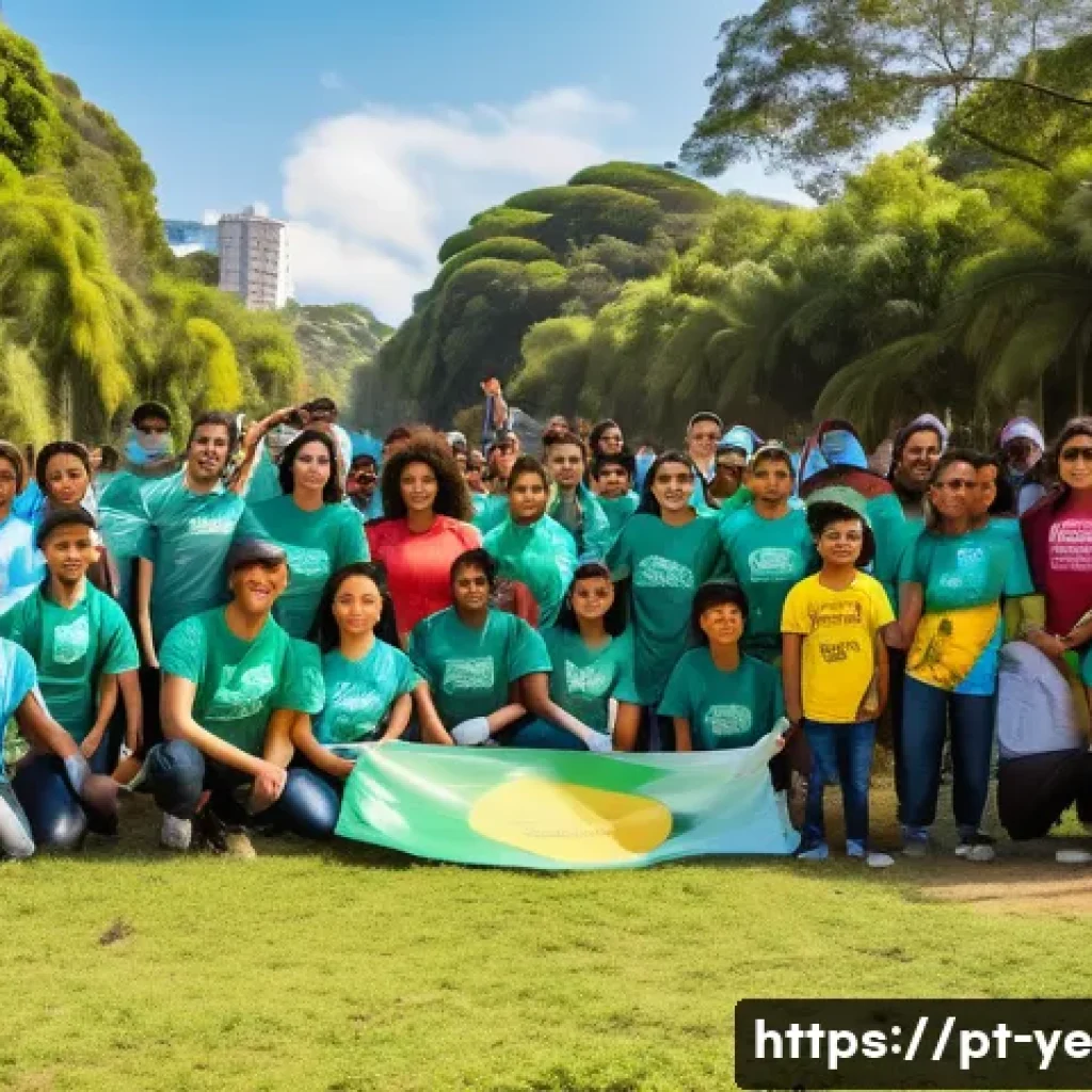 비인간 생명체와의 관계의 윤리적 측면 - A vibrant community environmental cleanup event in a Brazilian urban park, diverse group of adults a...