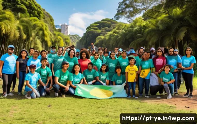 비인간 생명체와의 관계의 윤리적 측면 - A vibrant community environmental cleanup event in a Brazilian urban park, diverse group of adults a...
