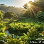 Home 22 비인간 생명체 보호를 위한 윤리적 접근 - A vibrant Brazilian agroforestry farm scene during golden hour, showcasing diverse native plants and...