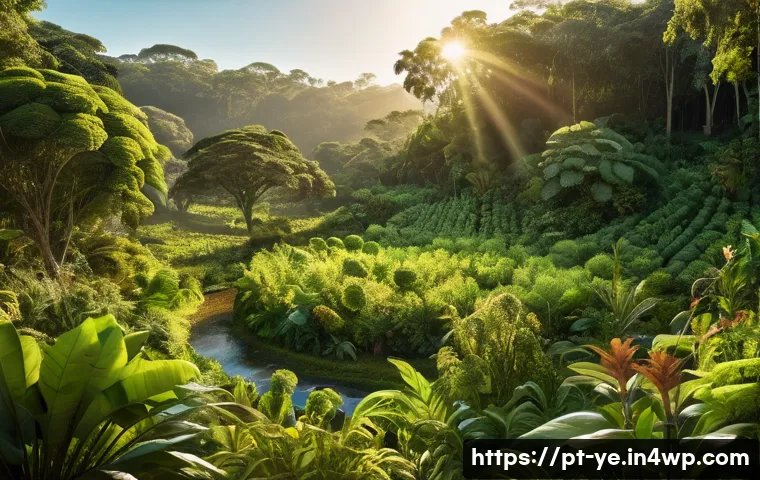 비인간 생명체 보호를 위한 윤리적 접근 - A vibrant Brazilian agroforestry farm scene during golden hour, showcasing diverse native plants and...
