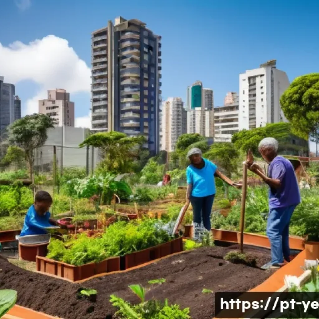 비인간 생명체와의 관계 재설정을 위한 교육 프로그램 - A vibrant urban community garden in São Paulo filled with diverse native plants and colorful flowers...