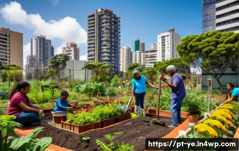 비인간 생명체와의 관계 재설정을 위한 교육 프로그램 - A vibrant urban community garden in São Paulo filled with diverse native plants and colorful flowers...