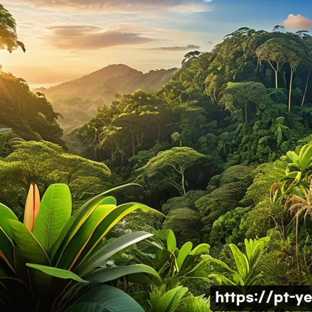 비인간 생명체와 환경 보호의 상관관계 - A vibrant Brazilian Atlantic Forest scene at sunrise, showcasing native plant species like Pau-Brasi...