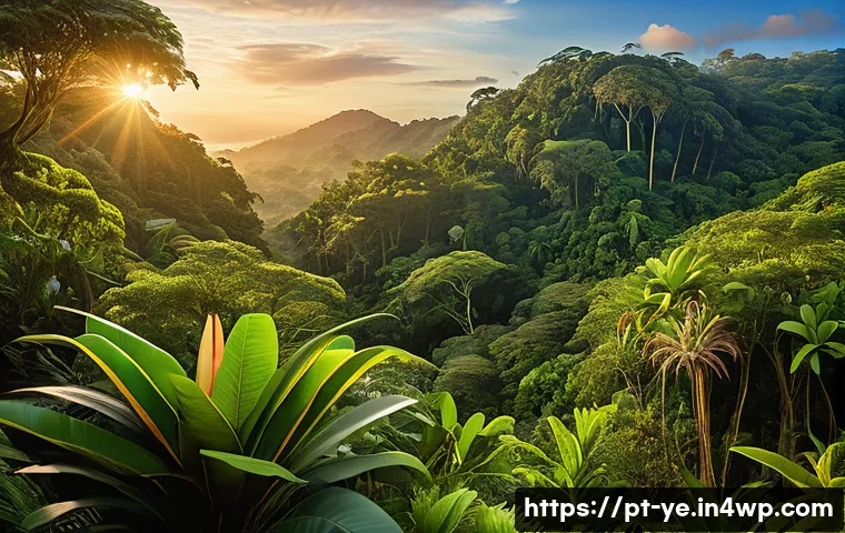 비인간 생명체와 환경 보호의 상관관계 - A vibrant Brazilian Atlantic Forest scene at sunrise, showcasing native plant species like Pau-Brasi...