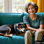 Home 19 비인간 생명체와의 상호작용이 인간에게 주는 긍정적 영향 - A cozy living room scene featuring a middle-aged Brazilian woman sitting comfortably on a sofa, gent...