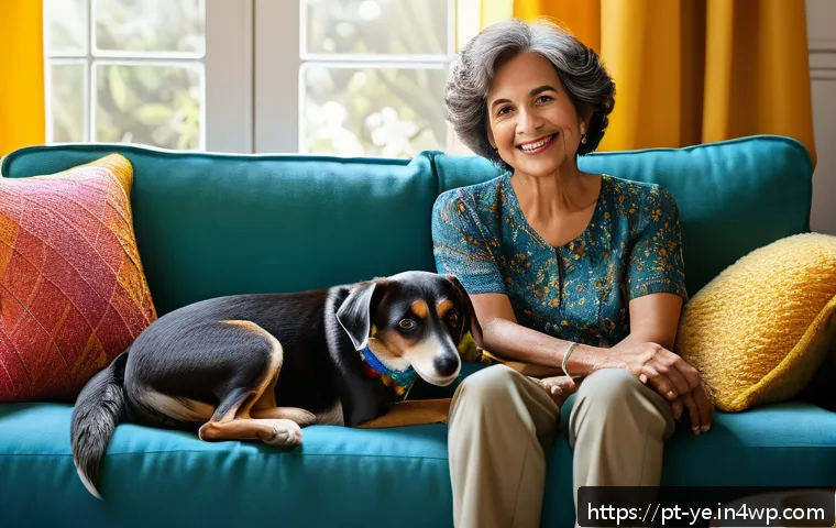 비인간 생명체와의 상호작용이 인간에게 주는 긍정적 영향 - A cozy living room scene featuring a middle-aged Brazilian woman sitting comfortably on a sofa, gent...