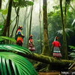 Home 18 비인간 생명체와의 관계에서의 문화적 이해 증진 - A vibrant Amazon rainforest scene depicting an indigenous Brazilian community living harmoniously wi...