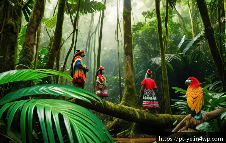 비인간 생명체와의 관계에서의 문화적 이해 증진 - A vibrant Amazon rainforest scene depicting an indigenous Brazilian community living harmoniously wi...