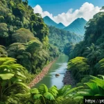 Home 23 비인간 생명체와의 관계 재설정의 필요성에 대한 사회적 논의 - A vibrant Brazilian rainforest scene showcasing the intricate interdependence between humans and wil...