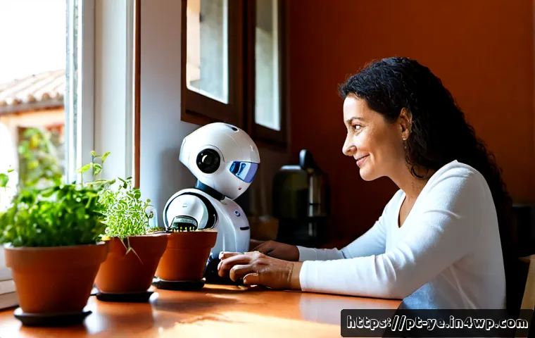 Home 17 비인간 생명체와의 관계에서의 가치관 변화 - Photorealistic Brazilian woman in her fifties sitting at a sunlit kitchen table with a gentle humano...